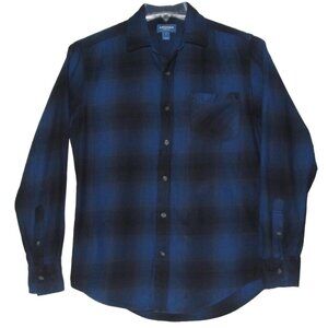 Arizona Jean Co Flannel Shirt Mens Size Small plaid navy blue ombre black button